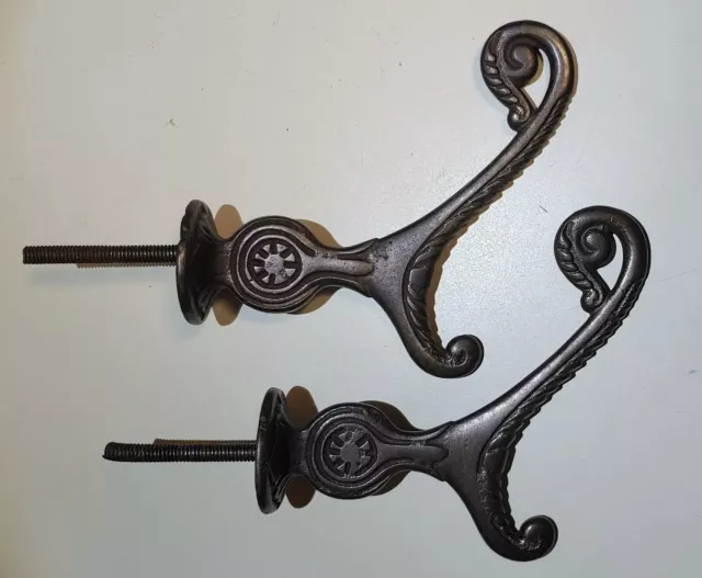 Two Antique Cast Iron Ornate Coat/Hat/Wall Hooks 4"