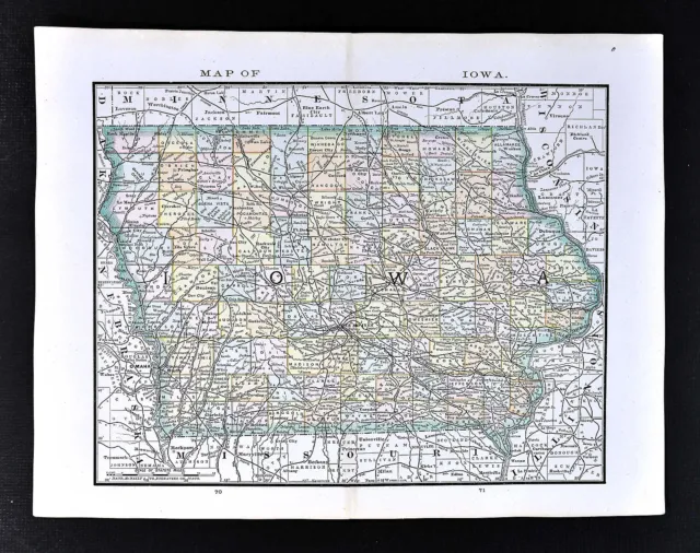 1884 Rand McNally Map - Iowa - Des Moines Burlington Council Bluffs Cedar Rapids
