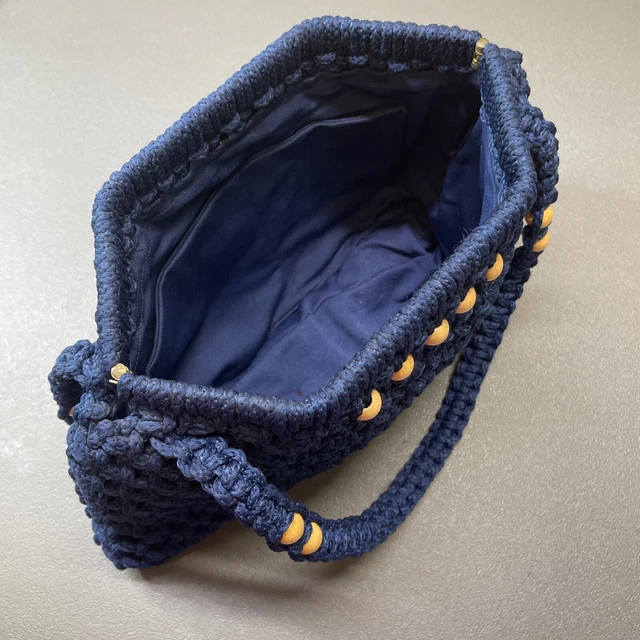 Macrame Purse Handmade Vintage Beaded Large Dark Blue Lined Shoulder Bag w Frame