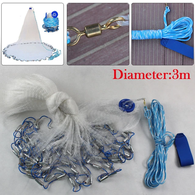 10FT-22FT New Hand Cast Fishing Net Spin Network Easy Throw Bait Nylon Mesh USA