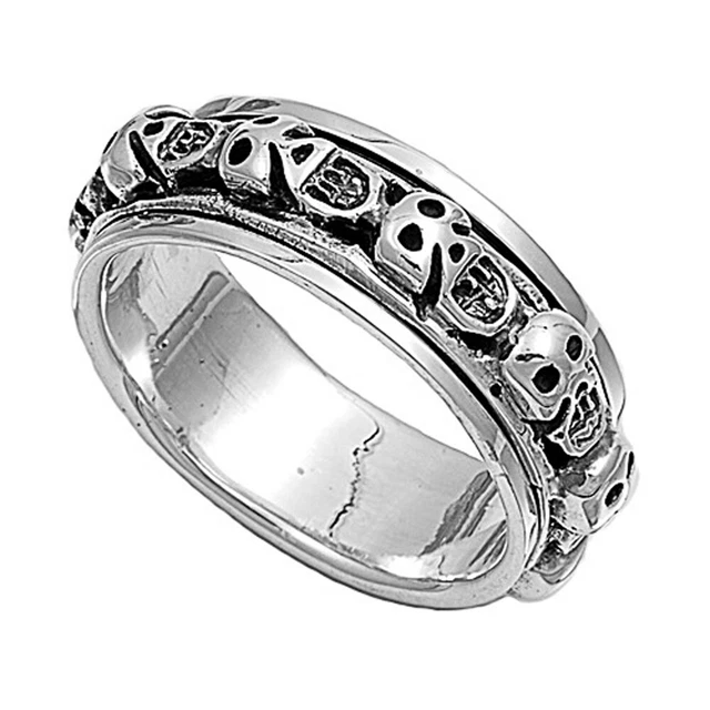 Men 8mm 925 Sterling Silver right hand Band Skull Spinner Ring / Gift Box size13