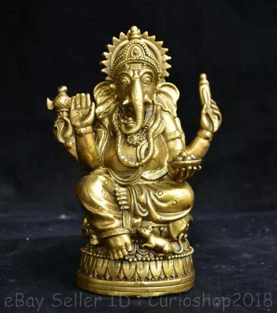 6.8" Chinese Pure Yellow Copper Buddhism Ganesha Elephant God Buddha Statue