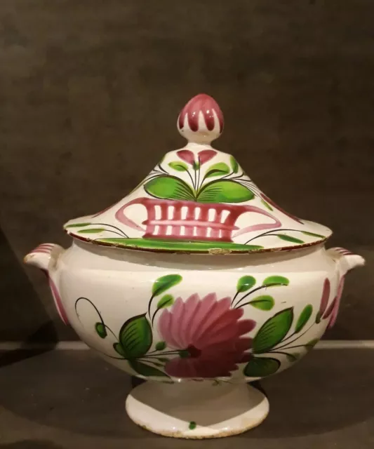 Rare Ancien Bol À Bouillon/Mini Soupière Faïence Kg Lunevile Decor Main Xviii