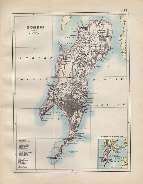 1898 Victorian Map ~ India Bombay Island & City Plan Surroundings Named Buildings
