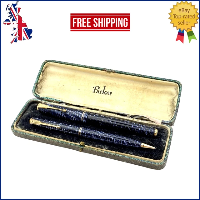 VINTAGE PARKER JUNIOR Vacumatic Fountain Pen Set In Blue 14K Gold Fine ...