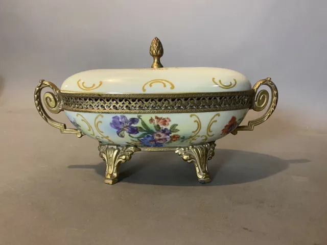 Antique Czech Victorian Gilt Metal Mounted Porcelain Covered Serving Dish