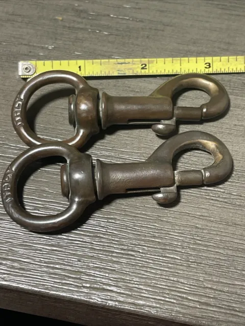 2X VINTAGE BRASS Rigging Swivel Snap Hook Clip 3 1/4 Made in
