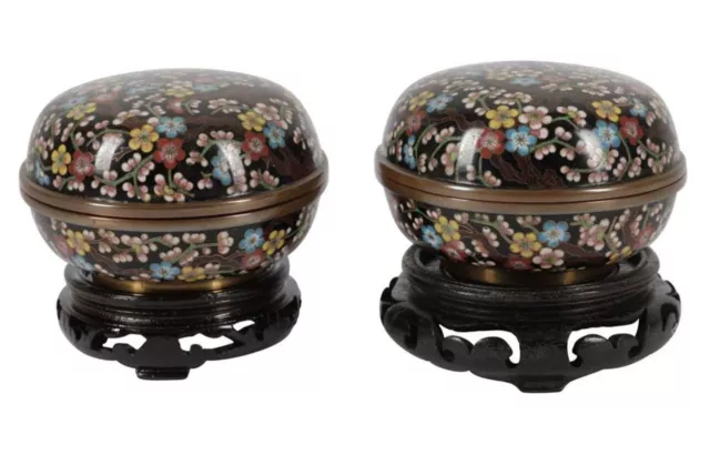 A Magnificent Pair of Japanese Cloisonne Enamel Kogo Boxes and cover. Meiji Era