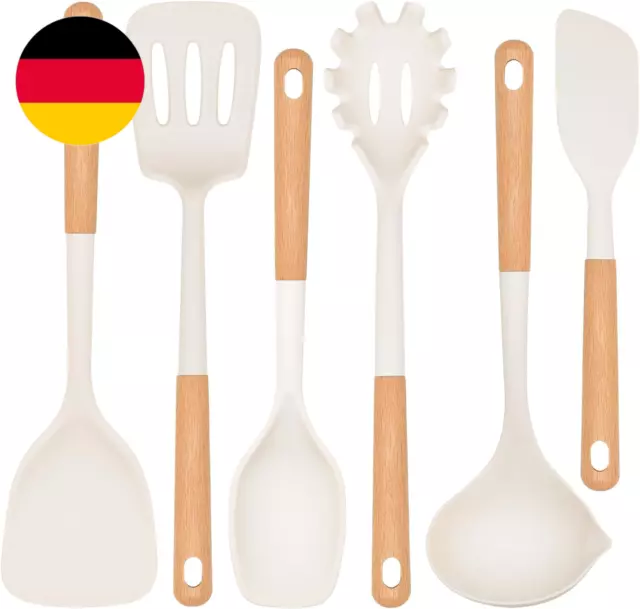 Kochutensilien-Set Aus Silikon, 6-Teilig, Hitzebeständig, Mit Holzgriff, Antihaf