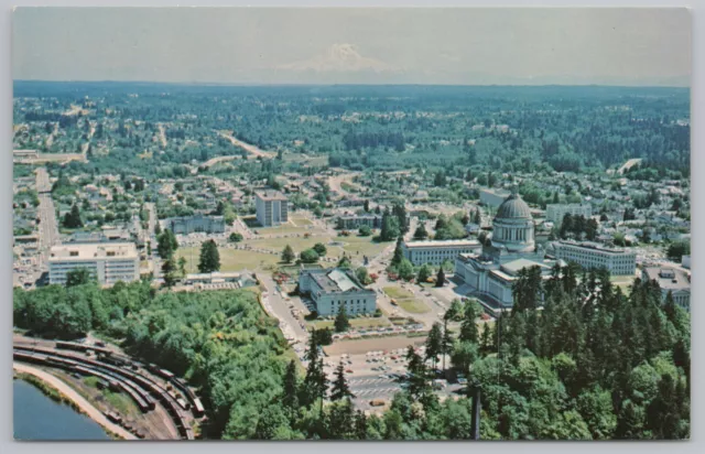 State View~Olympia Washington~State Capitol Aerial~Mt Rainier~Vintage Postcard
