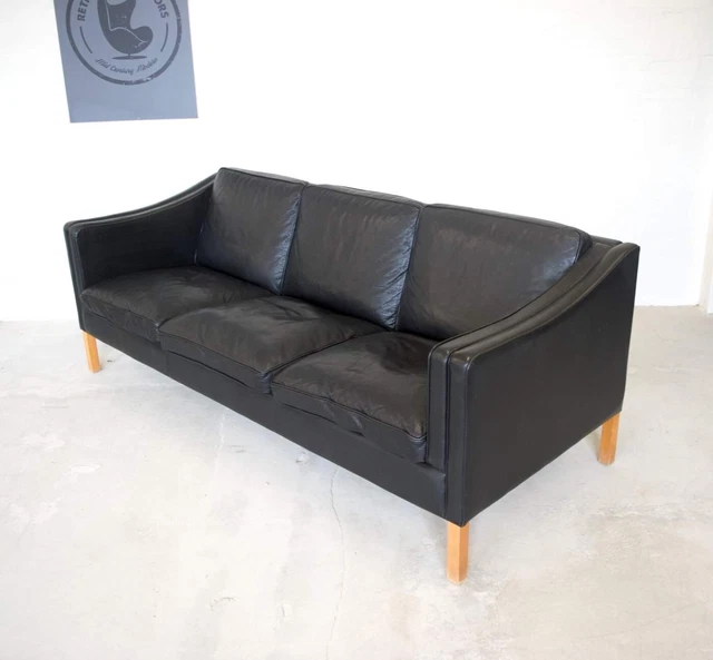 VINTAGE DANISH MID CENTURY STOUBY 3 PERSON  BLACK LEATHER SOFA 1960,s