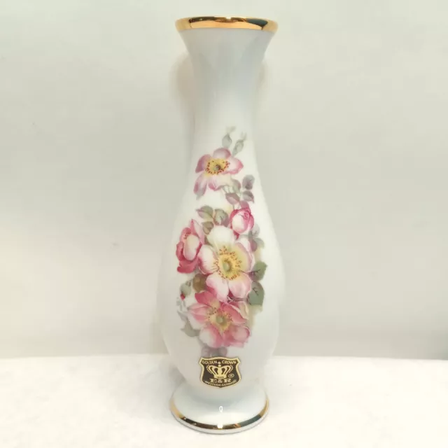 Vintage Gerold Porzellan Porcelain Floral Pink Wild Rose Bud Vase w Gold Accents