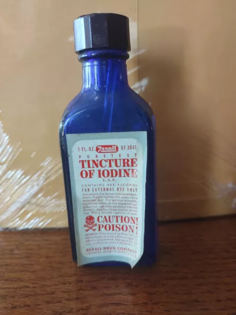 Vintage Rexall Tincture Of Iodine Cobalt Blue Poison Bottle