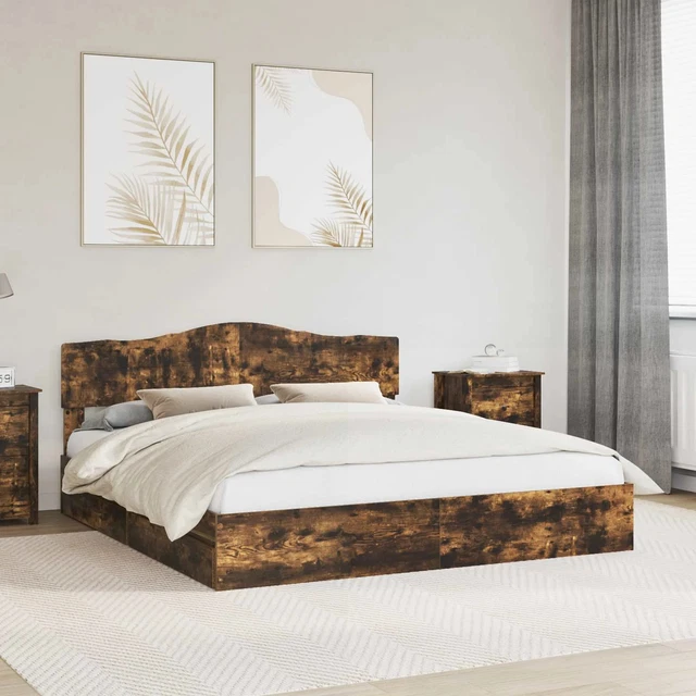 BED FRAME WITH Drawer Smoked Oak 200 x 200 cm Engineered Wood vidaXL £ ...