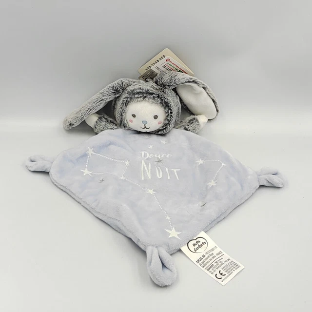 Doudou plat phosphorescent lapin ours gris bleu blanc étoiles Douce nuit MOTS D'