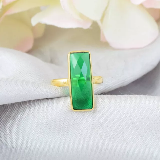 Natural Green Emerald Quartz 925 Silver 18k Gold Plated Unique Ring Gift For Her