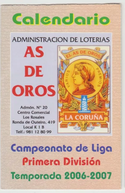 Calendario Bolsillo Partidos Campeonato Liga 2006-07 As de Oros Pocket Calendar