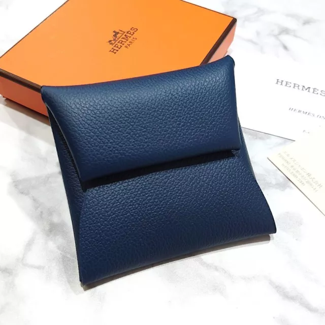 HERMES BASTIA COIN Purse Coin Purse Navy Blue Wallet Leather B Engraved ...