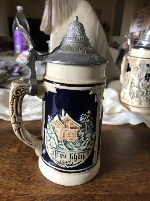 Vintage GERMAN BEER STEIN TANKARD WITH PEWTER LID, AUF DER ALM