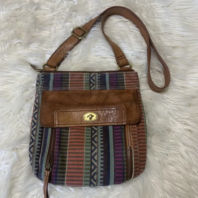 FOSSIL Multicolor Stripe Aztec Boho Leather Crossbody Bag Purse Hippie