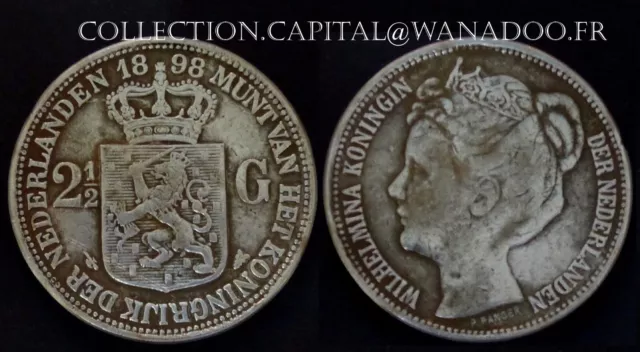 Pays Bas RARE 2/ 1/2 Gulden Wilhelmina 1898a avec point entre P. Pander Argent
