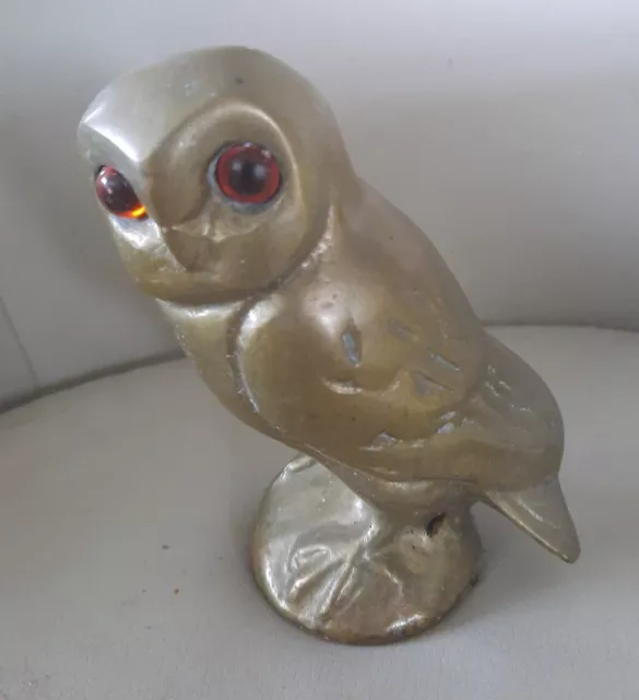 Solid Vintage Brass Owl With Orange Eyes