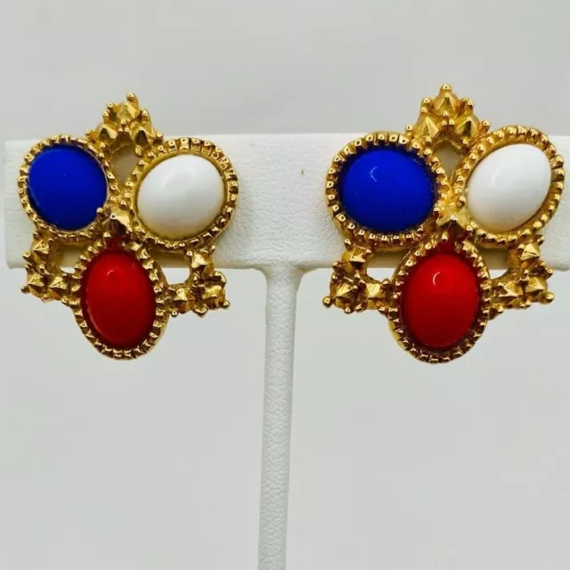 VINTAGE SARAH COVENTRY Gold Tone, Red White and Blue Clip-On Earrings ...