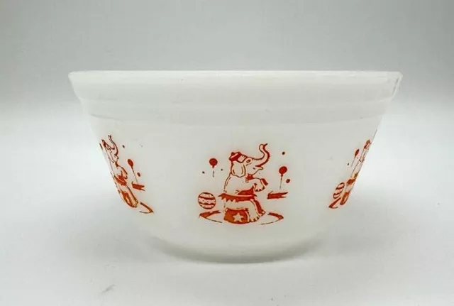 Federal Glass Circus Mixing Bowl Elephants Milk Glass White Orange 6" 1950s