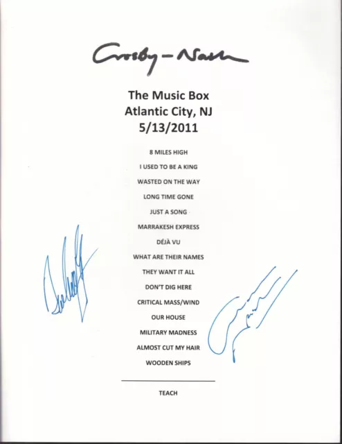 David Crosby & Graham Nash REAL hand SIGNED 8.5x11" Concert Set List COA #4