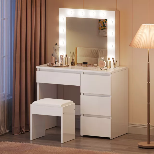 Dressing Table Vanity White with LED Mirror Stool Drawers Set Makeup Desk Chair 3