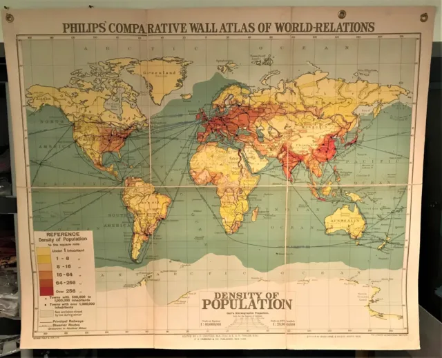 Original 1921 Philips' Comparative Wall Atlas Map  World Population Density Rare