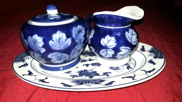 Vintage DesignPAC Colbalt Blue and White Leaf Pattern cream and sugar w/lid