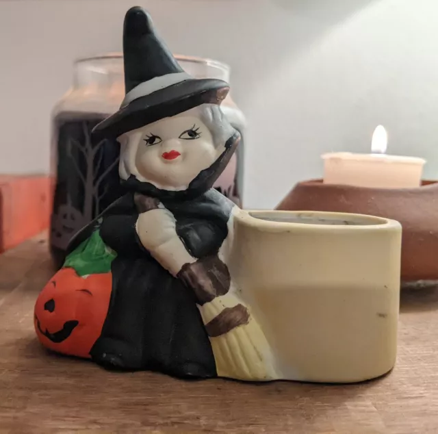  Vintage Brinn's Halloween Ceramic Witch with Broom Pumpkin Votive Candle Holder