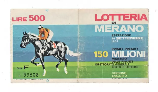 Biglietto Lotteria Vintage Lotteria Di Merano Enalotto Lire 500 Anno 1967