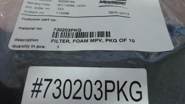 Minuteman Genuine Part Pt#730203PKG 10pk Foam MPV Filter