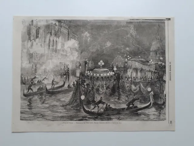 Gravure 1866. Fetes De Venise. Illumination Du Grand Canal, Fete Aux Lanternes..