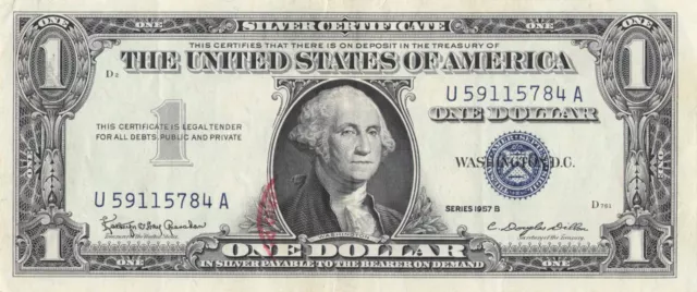 Series 1957 B Silver Certificate One Dollar Bill U59115784A Blue Seal
