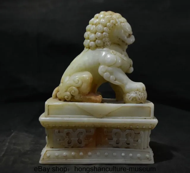 8.8 Old Chinese White Jade Carving Fengshui Foo Fu Dog Guardion Lion Statue