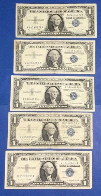 1957-1957B $1 Blue SILVER Certificates! X6579 Set of 5! Lower Grade! Currency!