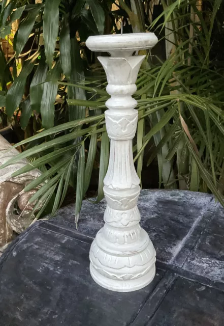 Candle Holders-Carved Balinese White Wash Timber- 41 Cm Tall