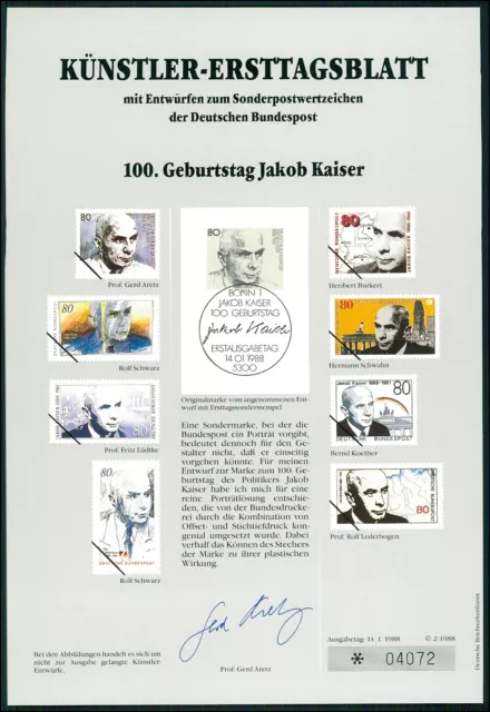 Brd Künstler-Etb 1988/2 Jakob Kaiser Künstler-Ersttagsblatt Ltd. Edition