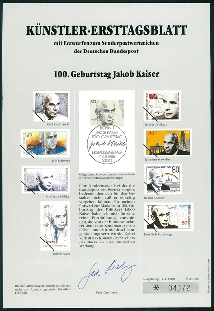 Brd Künstler-Etb 1988/2 Jakob Kaiser Künstler-Ersttagsblatt Ltd. Edition