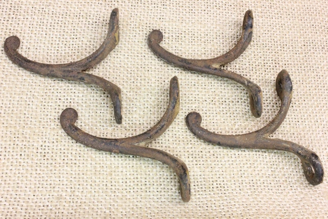 4 Old Single Coat Hooks Farm School House Rustic Cast Iron 1850’s Vintage 2 1/4" 2