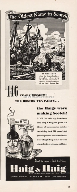 1939 Haig & Haig Scotch Whiskey 1773 Boston Tea Party Vintage Print Ad