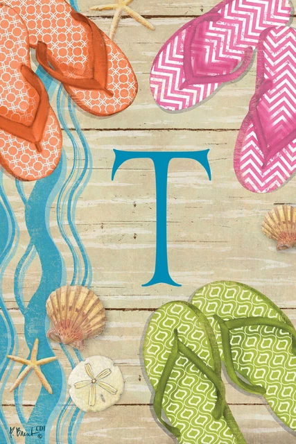 Flip Flops on Boardwalk Monogram T Double Sided 12 X 18 Inch Garden Flag