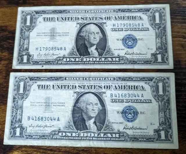 (2) 1957 One Dollar Note $1 Silver Certificate Blue Seal Bill US Currency