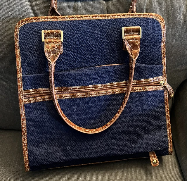 Samantha Brown Large Computer / Travel Bag Croco Embossed Brown & Blue Felt 3