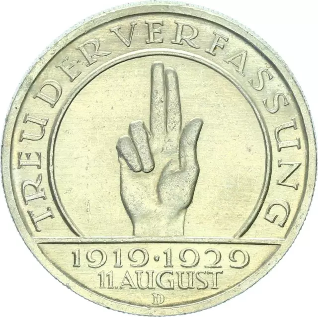 Weimarer Republik 5 Reichsmark 1929 D Schwurhand Silber vz J 341