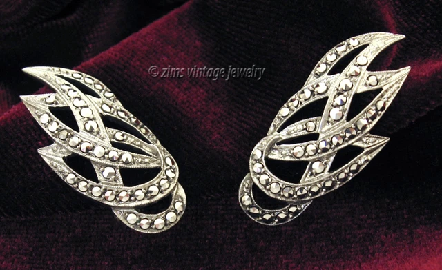 Vintage CARL BUCHERER CB Art Deco marcasite 800 Silver swirl Leaf EARRINGS clip