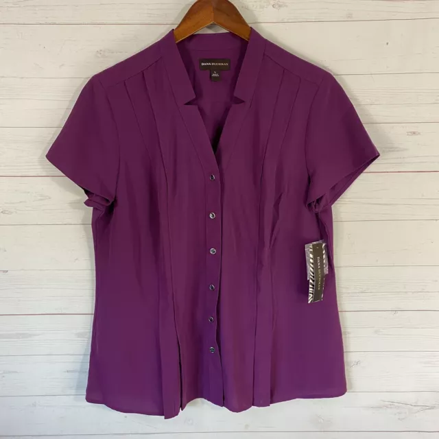 Dana Buchman Womens Short Sleeve Button Front Blouse Sz Large Purple V-Neck New